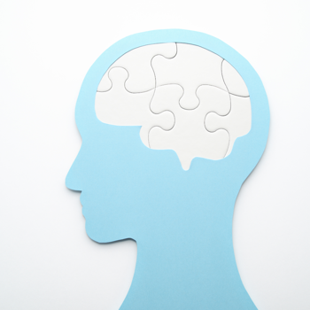A silhouette of a head with puzzle pieces for a brain