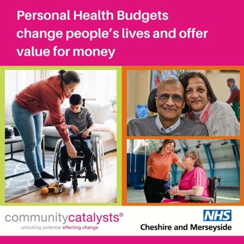 Collage with text 'Personal Health Budgets change people’s lives and offer value for money.' Images show a woman assisting a boy in a wheelchair, an elderly couple smiling, and two women joyfully interacting, one in a wheelchair. Logos for Community Catalysts and NHS Cheshire and Merseyside are at the bottom.