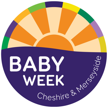 A circle graphic of the sun with the text 'Baby Week Cheshire & Merseyside'