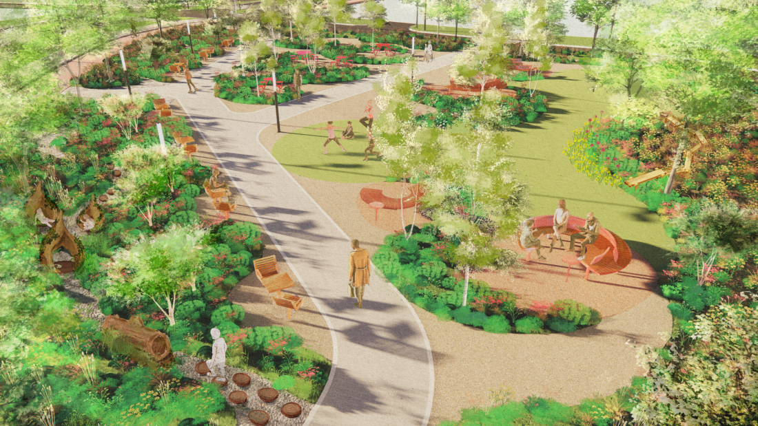 A vibrant park features meandering pathways, lush greenery, scattered benches, and people interacting. The scene is lively and inviting, with warm sunlight filtering through trees.